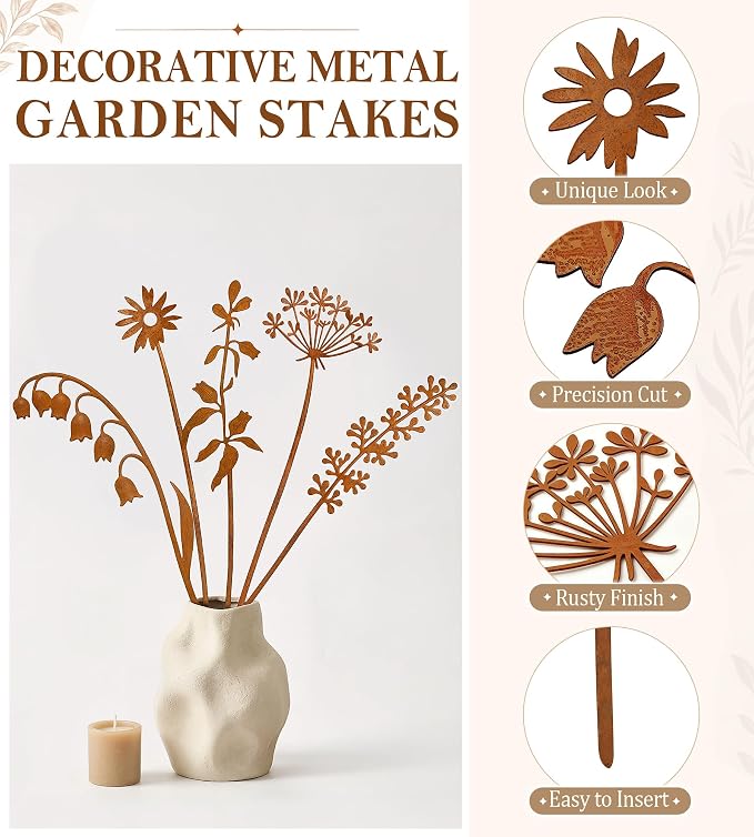 VIS'V Decorative Garden Stakes, Metal Flower Plant Yard Art Stakes, 5 Pcs | 15.7 In Length, Pre-rusted Finish, Rusty Art Decor for Outdoor Indoor