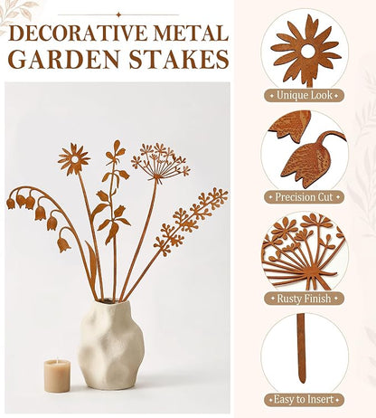 VIS'V Decorative Garden Stakes, Metal Flower Plant Yard Art Stakes, 5 Pcs | 15.7 In Length, Pre-rusted Finish, Rusty Art Decor for Outdoor Indoor