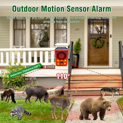 ChunHee Solar Outdoor Motion Sensor Alarm with Dog Barking Gunshot Sound, Support Recording and Adjustable Volume, 130db Loud Noise Maker 3 Work Modes Strobe Light for Home, Villa, Farm, Barn (1pack)
