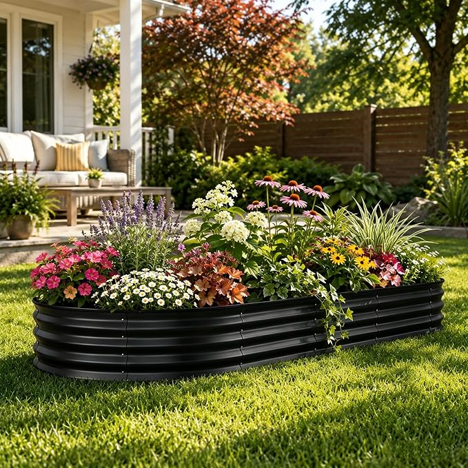 GarveeTech Oval Raised Garden Bed 6x3x1 ft - 0.6mm Thick Metal Raised Bed, Rust & Corrosion Resistant, Open Bottom for Drainage, Anti-Cut Strip Included, for Vegetables Flowers Planting, Black