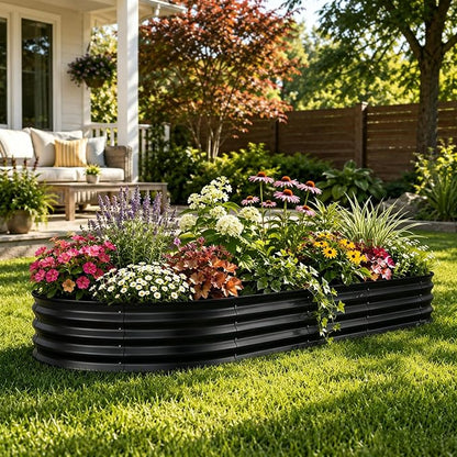 GarveeTech Oval Raised Garden Bed 6x3x1 ft - 0.6mm Thick Metal Raised Bed, Rust & Corrosion Resistant, Open Bottom for Drainage, Anti-Cut Strip Included, for Vegetables Flowers Planting, Black