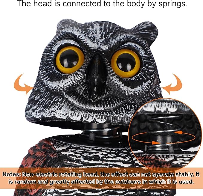 Hausse 3 Pack Bird Scarecrow Fake Horned Owl Decoy, Rotating Head Plastic Owl Bird Deterrents, Nature Enemy Horned Pest Repellent for Outdoor Garden