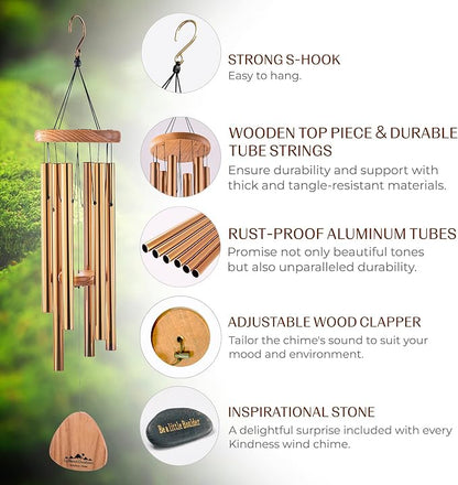 Bronze Wind Chimes for Outside Deep Tone, 29 Inch Hand Tuned B Major Pentatonic Soprano Wind Chime with Decorative Kindness Stone, Outdoor Garden Patio Porch Decor, Meaningful Sympathy Memorial Gift