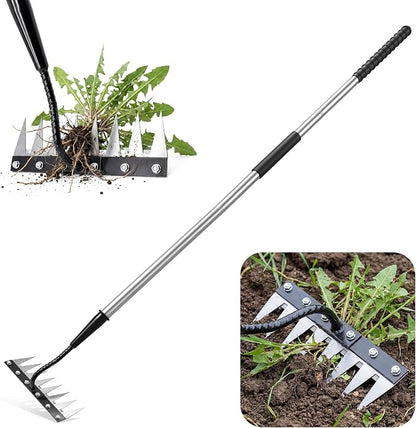 Iron Weeding Rake with Long Handle - Upgraded Rake 8 Teeth Weed Puller Tool, Heavy Duty Manual Weeder Remover Tool for Weeding, Cultivating & Soil Aeration