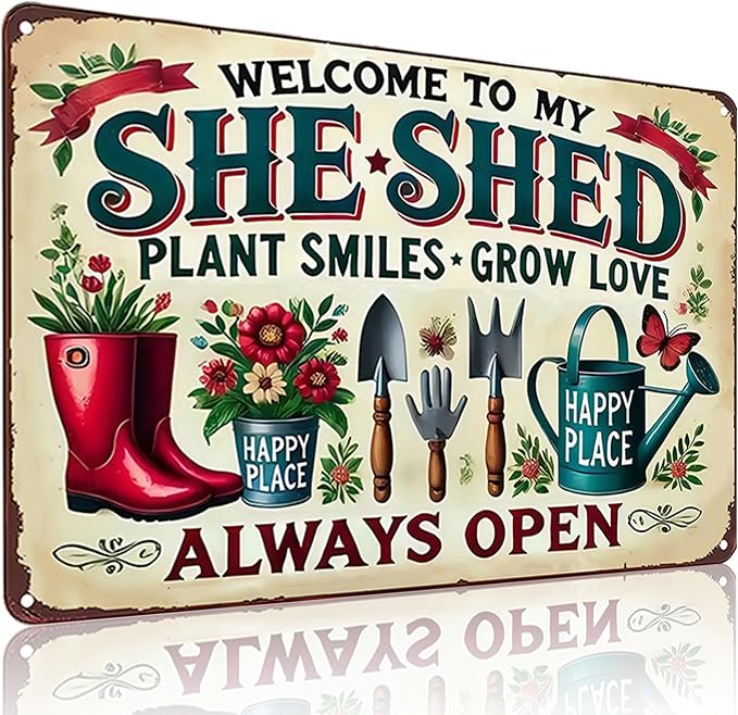 Bestylez Garden Gifts Welcome To My She Shed Vintage Gardening Signs for Home Garden Greenhouse Living Room Bedroom Yard Outdoor Decor 8X12 Inch (3372)