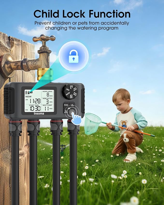Insoma 4 Zones Sprinkler Timer with Brass Inlet & Outlet, Water Timer for Garden Hose with Auto/Manual/Rain Delay Mode, Hose Timers for Irrigation Watering System for Yard, Lawn, Plant Watering