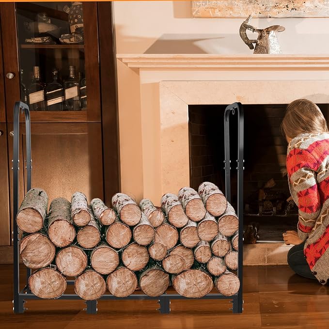 CONNOO 4ft Firewood Rack Stand Heavy Duty Firewood Log Rack Holder Fireplace Wood Storage Holder for Indoor Outdoor Metal Pile Log Stand Stacker Holder, Matte Black Shelves for storage