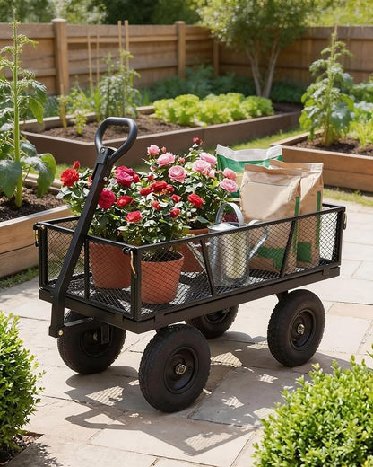 GarveeTech 1200LBS Heavy Duty Steel Garden Cart, Garden Wagon Cart on Wheels, Metal Yard Utility Wagon with Removable Mesh Sides, 13" All Terrain Tires, 180° Rotating Handle for Lawn, Garden, Farm