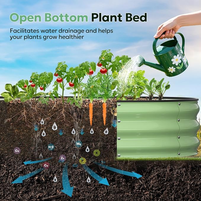 Raised Garden Bed 6×3×1 FT, Galvanized Raised Planter Box, Oval Vegetable Planting Container with Edge Trim, Fruit Green for Backyard Fence Line Side Yard Family Gardening