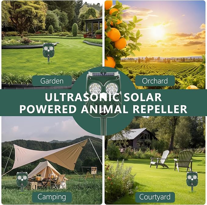 4 Pack 2026 Ultrasonic Animal Repellent Outdoor Deer Repellent Devices Solar Animal Repeller Motion Activated Deterrent to Scare Cat Squirrel Rabbit Raccoon Skunk with LED Flash Lights for Yard Lawns
