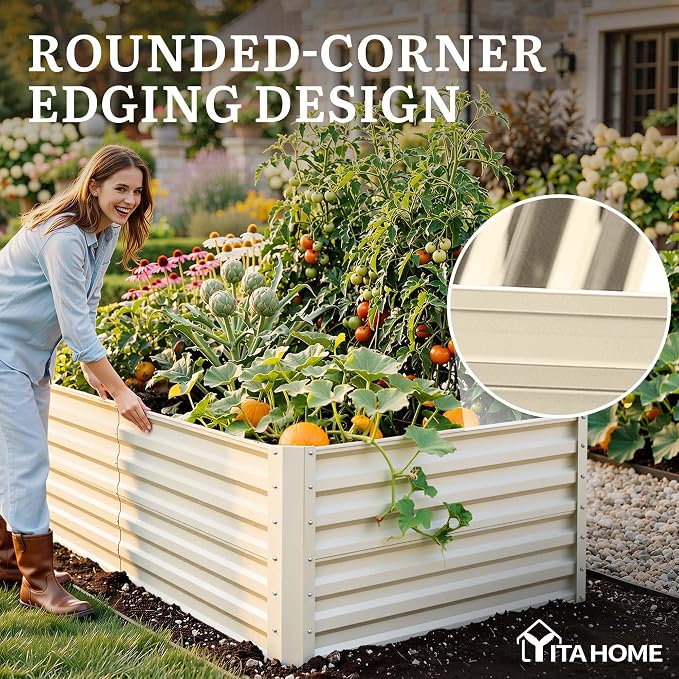 YITAHOME 6x3x2ft 2pcs Large Raised Garden Bed Kit, Galvanized Metal Planter Box with Gloves, Support Rod, Outdoor Above Ground Planters for Plants Vegetables Flowers, Cream Yellow