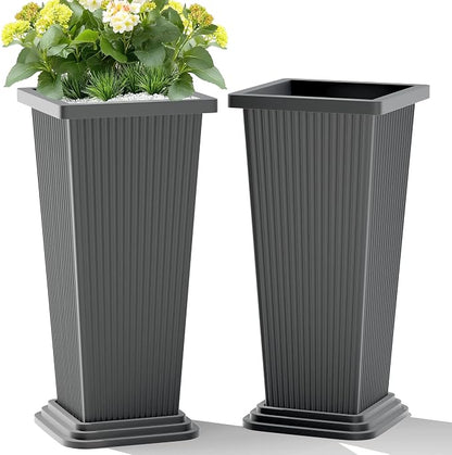 TUYOHW Set of 2 Tall Planters, 24" Large Indoor Outdoor Flower Pots with Tray, Modern Tapered Planters for Porch, Patio, Garden, Backyard