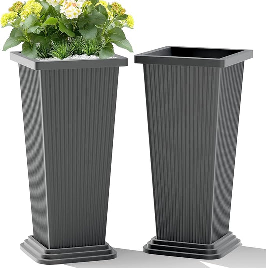 TUYOHW Set of 2 Tall Planters, 24" Large Indoor Outdoor Flower Pots with Tray, Modern Tapered Planters for Porch, Patio, Garden, Backyard