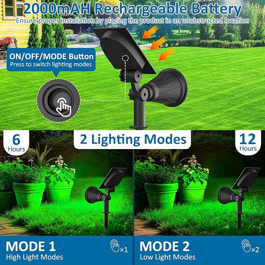 T-SUNUS Green Solar Landscape Spotlights 4 Pack, Solar Spot Lights Outdoor Waterproof, 4 LED Solar Spotlight with Auto On/Off, Adjustable Angle, 2 Lighting Modes for Yard Garden Tree Patio Pathway