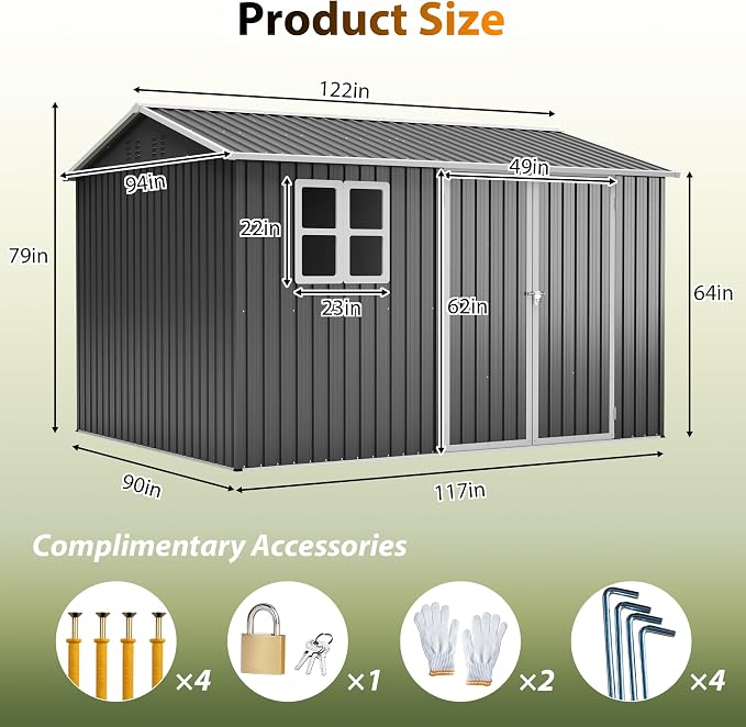 YOPTO 10x8 FT Large Outdoor Storage Shed with Window, 2 Lockable Doors & Sloped Roof, Heavy Duty Metal Tool Shed for Garden, Patio, Backyard, Lawn, Dark Gray