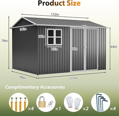 YOPTO 10x8 FT Large Outdoor Storage Shed with Window, 2 Lockable Doors & Sloped Roof, Heavy Duty Metal Tool Shed for Garden, Patio, Backyard, Lawn, Dark Gray