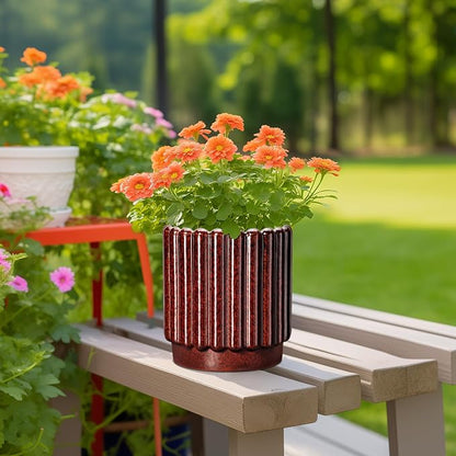 Ceramicfor Ceramic Plant Pot, 7.6 Inch, Red | Indoor Planter, Drainage Hole, Fluted Design, Round Shape, Outdoor/Patio Use