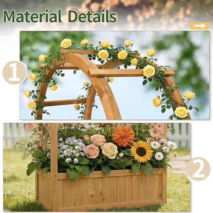 VINGLI Raised Garden Bed with Trellis & Hanging Roof, Wooden Planter Box with Drainage Holes for Outdoor Climbing Plants Vegetables Flowers, Patio Yard Balcony (Natural, Arched top)