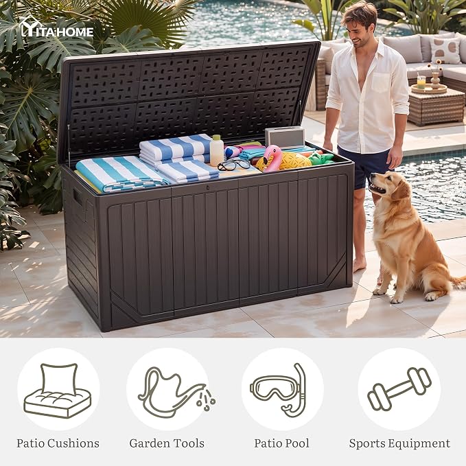 YITAHOME XXL 300 Gallon Extra Large OutdoorDeck Box, Lockable Resin Storage Box and Waterproof Patio Furniture Bin for Garden Tools & Pool Accessories, Brown