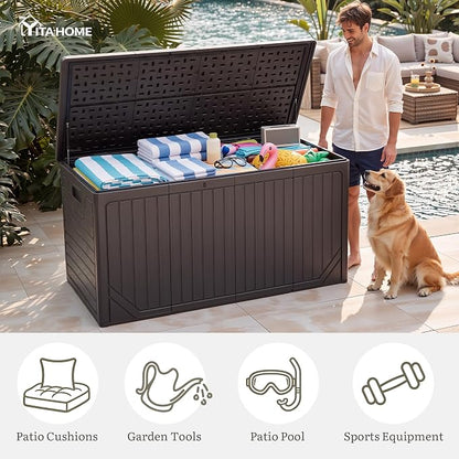 YITAHOME XXL 300 Gallon Extra Large OutdoorDeck Box, Lockable Resin Storage Box and Waterproof Patio Furniture Bin for Garden Tools & Pool Accessories, Brown