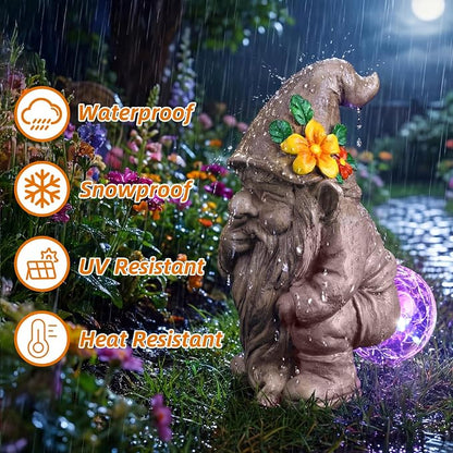 Funny Garden Gnomes Outdoor, Quirky Gnome Statue with Solar Powered for Yard Patio Lawn, Unique Gnomes Gift for Friends Garden Lovers