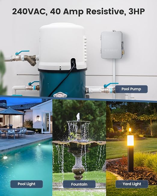 SURAIELEC Digital Pool Timer, 40 AMP 240V 3HP, 7-Day Pool Pump Timer Switch, Programmable Box for Swimming Pump, Hot Water Heater, Lights, Simultaneously Controls Up to 3HP Devices, Outdoor/Indoor Use