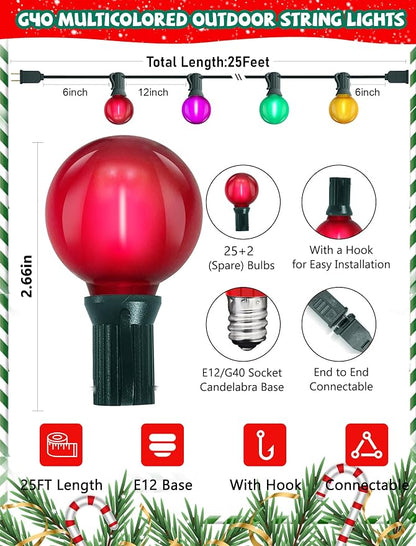 G40 LED Outdoor Christmas String Lights, 25FT Hanging Globe String Light | 25+2 Shatterproof Frosted Multicolor Lights, Connectable, Waterproof Patio Lights for Balcony Pergola Decor, Green Wire