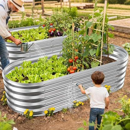17" Tall Oval-Shaped / Elliptic Metal Raised Garden Bed Outdoor Silver | 60X24X17 Inch,1.5 FT Tall,0.8MM Thick Galvanized Metal,for Variety of Flowers,Herbs,Vegetables.with Gloves,Tool free