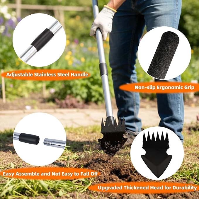 Weed Puller Tool with Long Handle, 62inch Efficient Weed Remover Tool, 2-in-1 Weed Rake and Hoe Garden Tool for Easy Weed Removal & Deeper Root Digging, Manual Weeder Tool for Yard Flower Bed