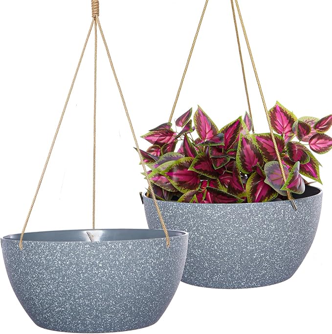 SwinDuck 13 Inch 2 Pack Large Hanging Planters for Indoor Outdoor Plants, Plastic Hanging Basket Pots for House Plants Flowers, Grey