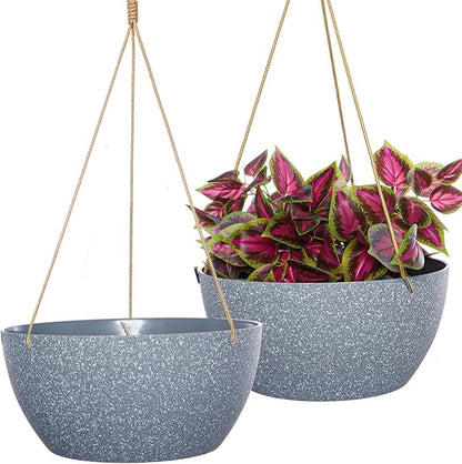 SwinDuck 13 Inch 2 Pack Large Hanging Planters for Indoor Outdoor Plants, Plastic Hanging Basket Pots for House Plants Flowers, Grey