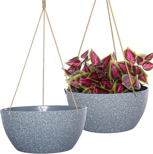 SwinDuck 12 Inch 2 Pack Large Hanging Planters for Indoor Outdoor Plants, Plastic Hanging Basket Pots for House Plants Flowers, Grey