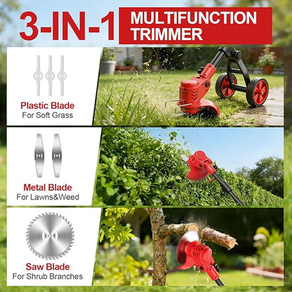 Electric Weed Wacker, 650W Cordless Weed Trimmer with Wheels, 2x2.0Ah 21V Battery Powered Weed Eater, String Trimmer Brush Cutter, Lawn Mower Edger Lawn Tool for Garden Yard