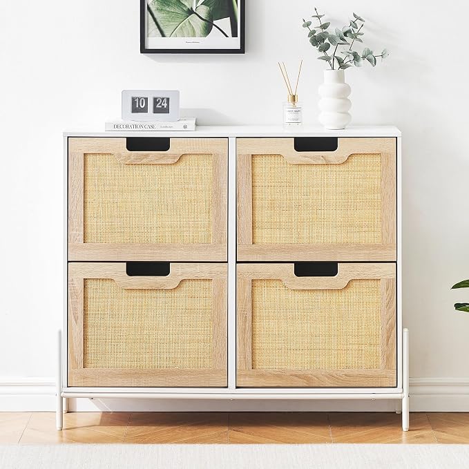 coucheta 4 Flip Drawers Shoe Storage Cabinet, Rattan Shoe Organizer with Metal Legs, Freestanding Narrow Shoe Rack Cabinet for Entryway, White
