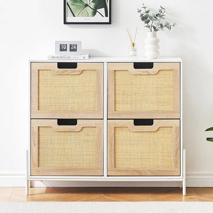 coucheta 4 Flip Drawers Shoe Storage Cabinet, Rattan Shoe Organizer with Metal Legs, Freestanding Narrow Shoe Rack Cabinet for Entryway, White