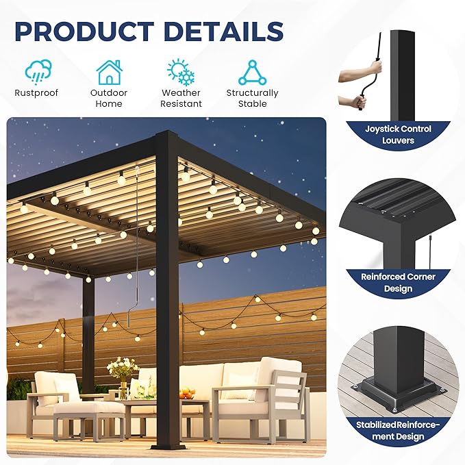 10' x 12' Louvered Pergola, Aluminum Frame Outdoor Pergola with Adjustable Louvered Roof & Integrated Gutter System, Hardtop Patio Gazebo for Backyard, Patio, Garden, Dark Gray