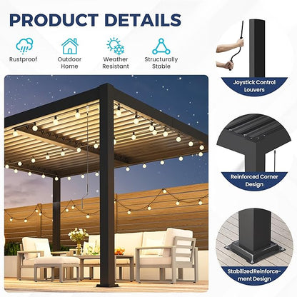 10' x 12' Louvered Pergola, Aluminum Frame Outdoor Pergola with Adjustable Louvered Roof & Integrated Gutter System, Hardtop Patio Gazebo for Backyard, Patio, Garden, Dark Gray