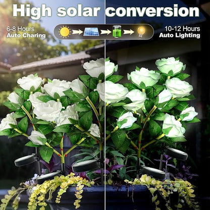 Anordsem Solar Garden Lights Outdoor: 10 Waterproof Fabric Roses 2 Pack - White LED Flower Decorations for Yard Patio Path Cemetery Grave - Mother 's Day Gift for Her Women Mom Wife