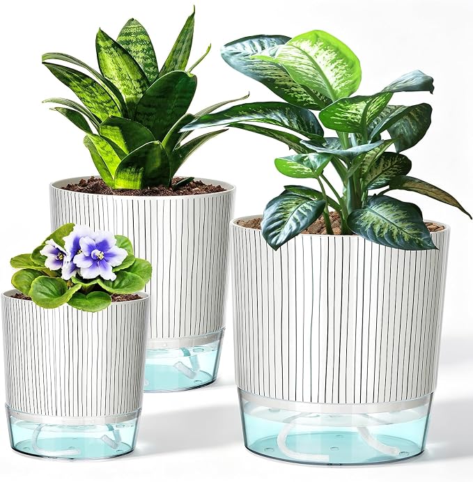 3 Pack Self Watering Pots for Indoor Plants, 4+5.5+6.3 Inch Self Watering Plant Pots, Flower Pots with Wick Rope and Reservoir - Black Stripes