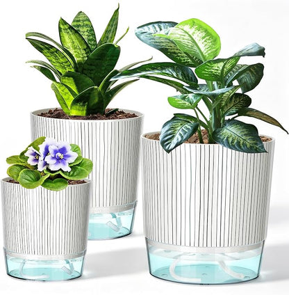 3 Pack Self Watering Pots for Indoor Plants, 4+5.5+6.3 Inch Self Watering Plant Pots, Flower Pots with Wick Rope and Reservoir - Black Stripes