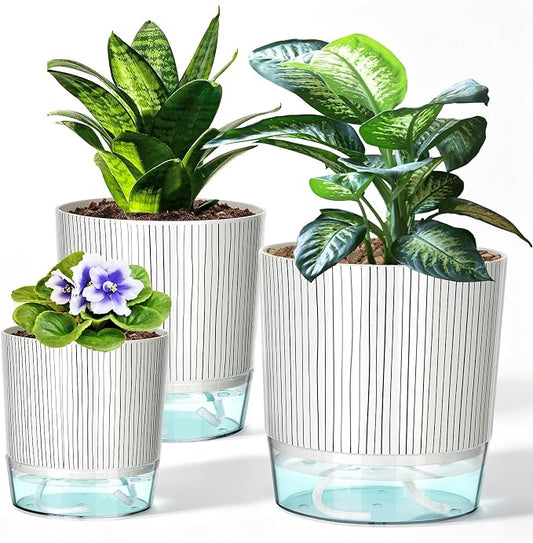 3 Pack Self Watering Pots for Indoor Plants, 4+5.5+6.3 Inch Self Watering Plant Pots, Flower Pots with Wick Rope and Reservoir - Black Stripes