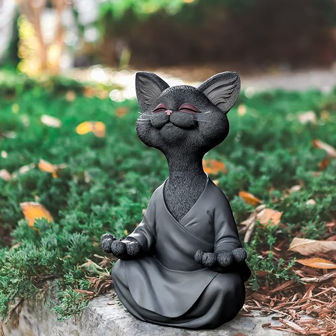 JFSM INC. 12" Whimsical Happy Cat Garden Buddha Statue - Indoor Outdoor Resin Cat Statue - Meditating Animal Sculpture, Mindful Yoga Decor for Patio Yard Lawn Porch