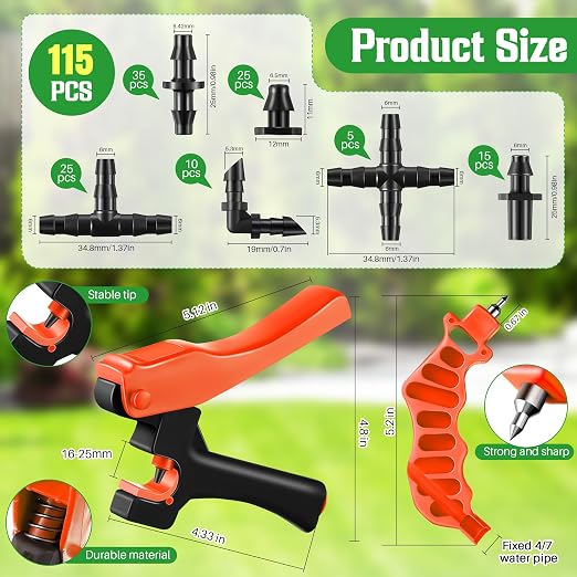 Feekoon Drip Irrigation Hole Punch Tool, 2 in 1 Drip Tubing Punch and Fitting Insertion Tool for 1/4 Inch Emitters, 16 20 25mm PE Pipe, Garden Repair(Orange,115 Irrigation Plugs)