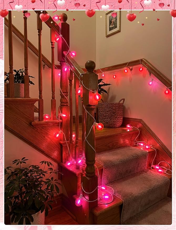 LED Valentine’s Day String Lights, 50Ft Valentines Decorations Outdoor | 25+2 G40 Round Bulbs, Connectable, Shatterproof Hanging Indoor Fairy Lights for Wedding Date Patio, Clear Red Pink