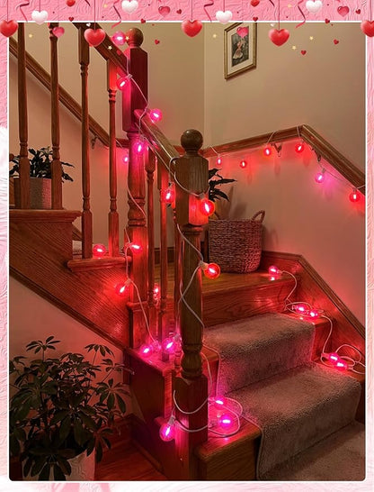 LED Valentine’s Day String Lights, 50Ft Valentines Decorations Outdoor | 25+2 G40 Round Bulbs, Connectable, Shatterproof Hanging Indoor Fairy Lights for Wedding Date Patio, Clear Red Pink