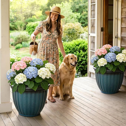 15" Large Flower Pots Set of 2 Plastic Planters for Outdoor Plants | Plant Pot with 3D Textures, Gradient Teal Blue Glaze, Weather-Resistant for Porch, Garden, Patio or Indoor Use