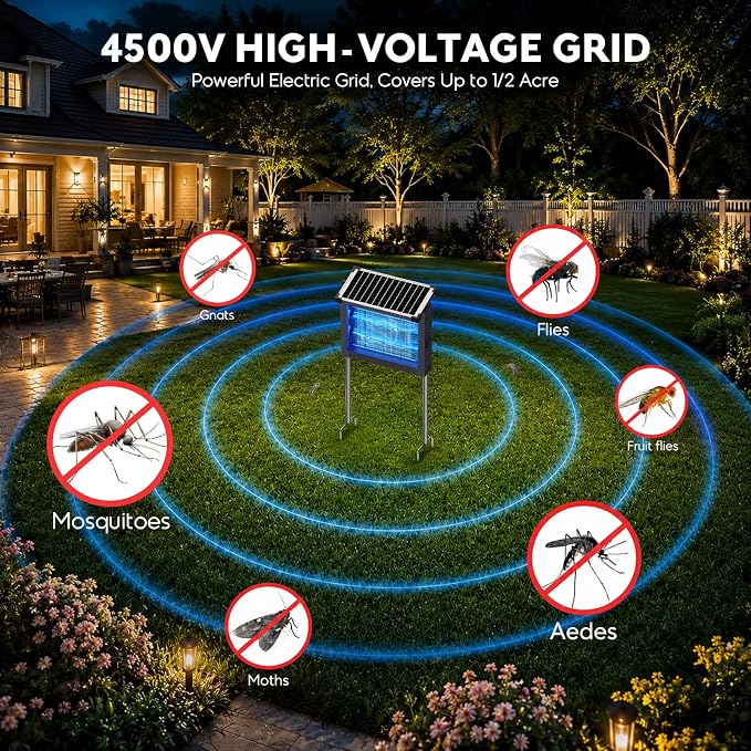 Solar Bug Zapper Outdoor, Mosquito Zapper 4500V Cordless Waterproof, Auto On/Off, Portable Type-C & Solar Powered Bug Zapper, Electric Mosquito Trap Fly Zapper Killer for Patio Garage Yard Camping