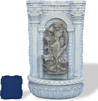 XBrand 30.3" Solar-Powered Wall Fountain with Gold Flower Maiden Statue, Antique Stone Waterfall Design for Garden, Yard Décor & Bird Bath, Polyresin