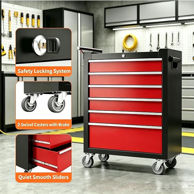 IDEALHOUSE Rolling Tool Chest, 6 Drawers Tool Storage Cabinet, Toolbox with Wheels, Portable Tool Cabinet Organizer with Locking System & Drawer Liners, Tool Storage Cart for Garage, Workshop