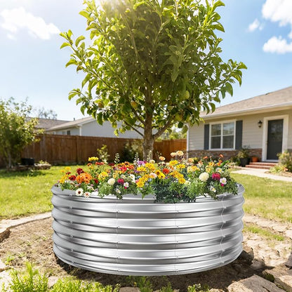YSEJOMP 17" Tall 48" Diameter Round Raised Garden Bed Kits Outdoor Silver | Heavy Duty,Rustproof,Durable & Stylish,1.5 FT Tall,4FT Planter Bed,0.8MM Thick Galvanized Metal,with Gloves,Tool free
